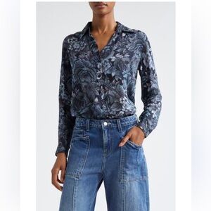L'AGENCE Nina Floral Silk Shirt in Black Midnight Floral